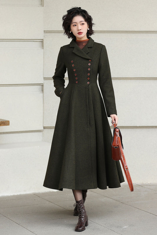 Xiaolizi Olive Green Handmade Wool Coat – Vintage A-Line Double Breasted Winter Coat 6611