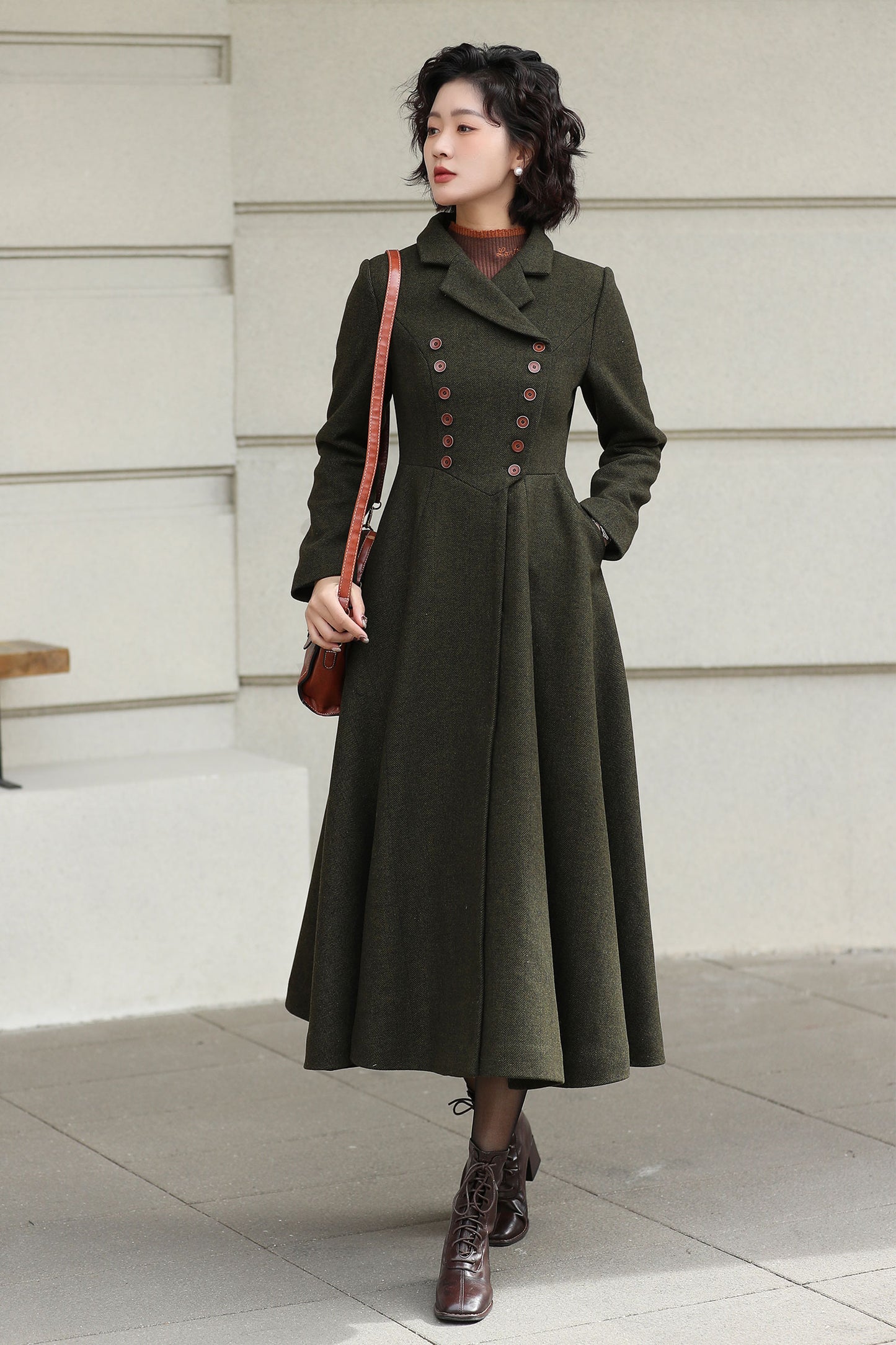 Xiaolizi Olive Green Handmade Wool Coat – Vintage A-Line Double Breasted Winter Coat 6611