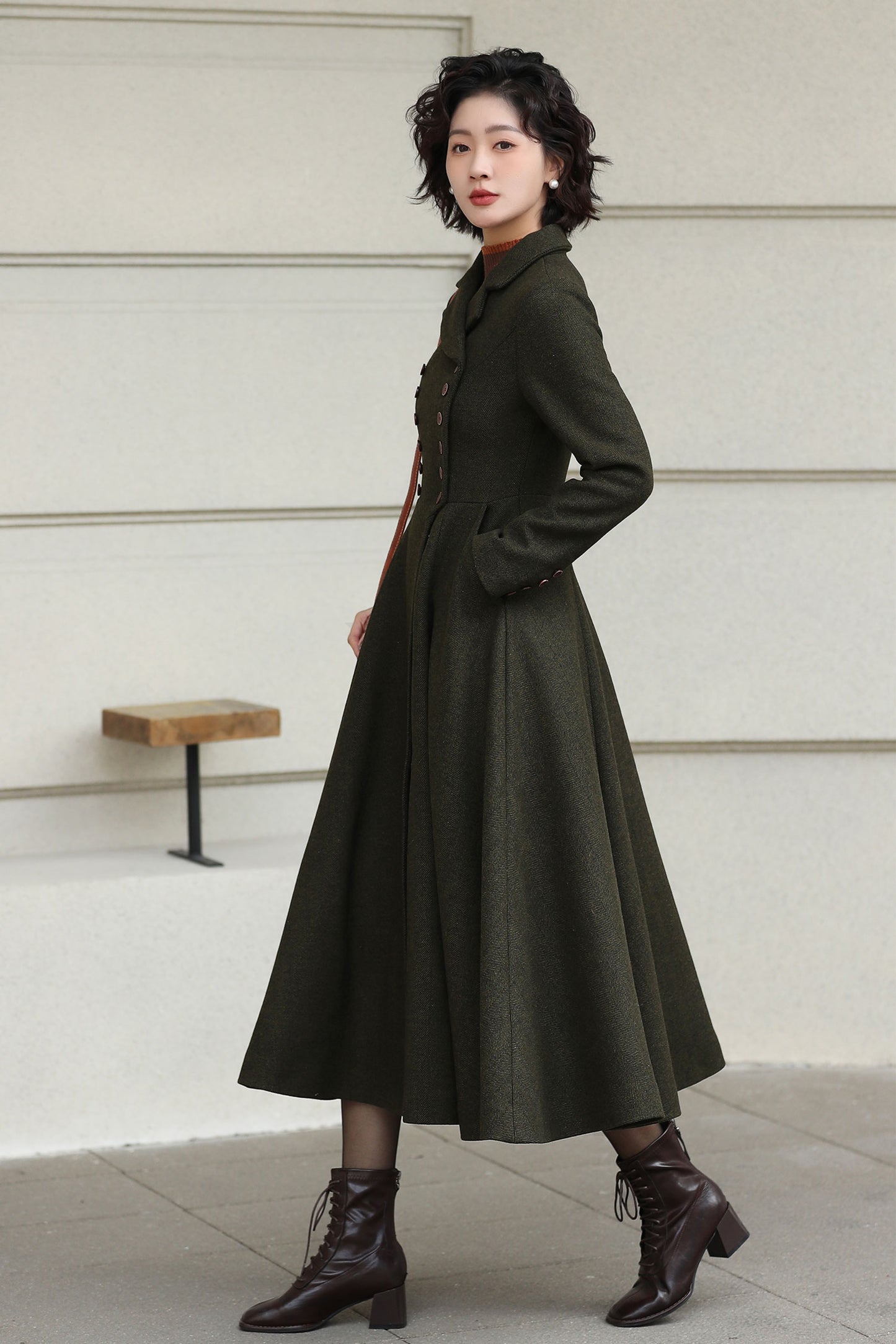 Xiaolizi Olive Green Handmade Wool Coat – Vintage A-Line Double Breasted Winter Coat 6611