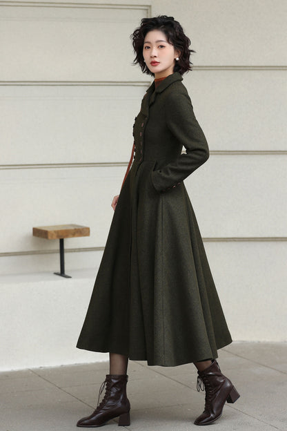 Xiaolizi Olive Green Handmade Wool Coat – Vintage A-Line Double Breasted Winter Coat 6611