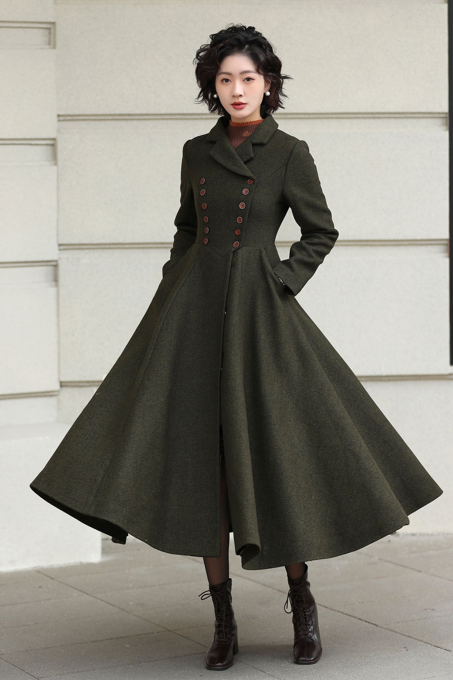 Xiaolizi Olive Green Handmade Wool Coat – Vintage A-Line Double Breasted Winter Coat 6611