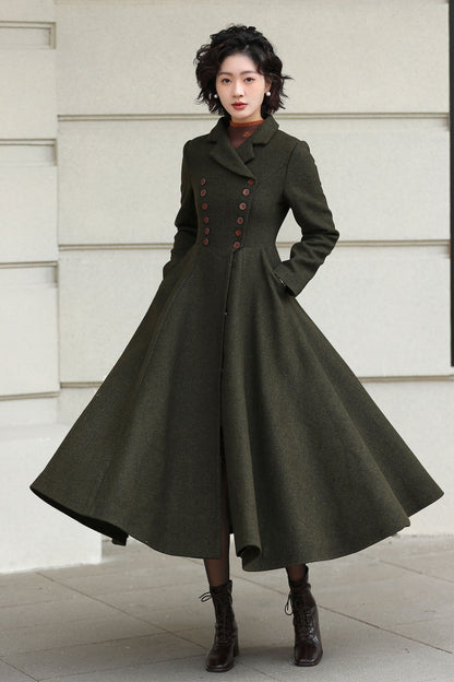 Xiaolizi Olive Green Handmade Wool Coat – Vintage A-Line Double Breasted Winter Coat 6611
