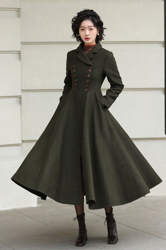 Xiaolizi Olive Green Handmade Wool Coat – Vintage A-Line Double Breasted Winter Coat 6611