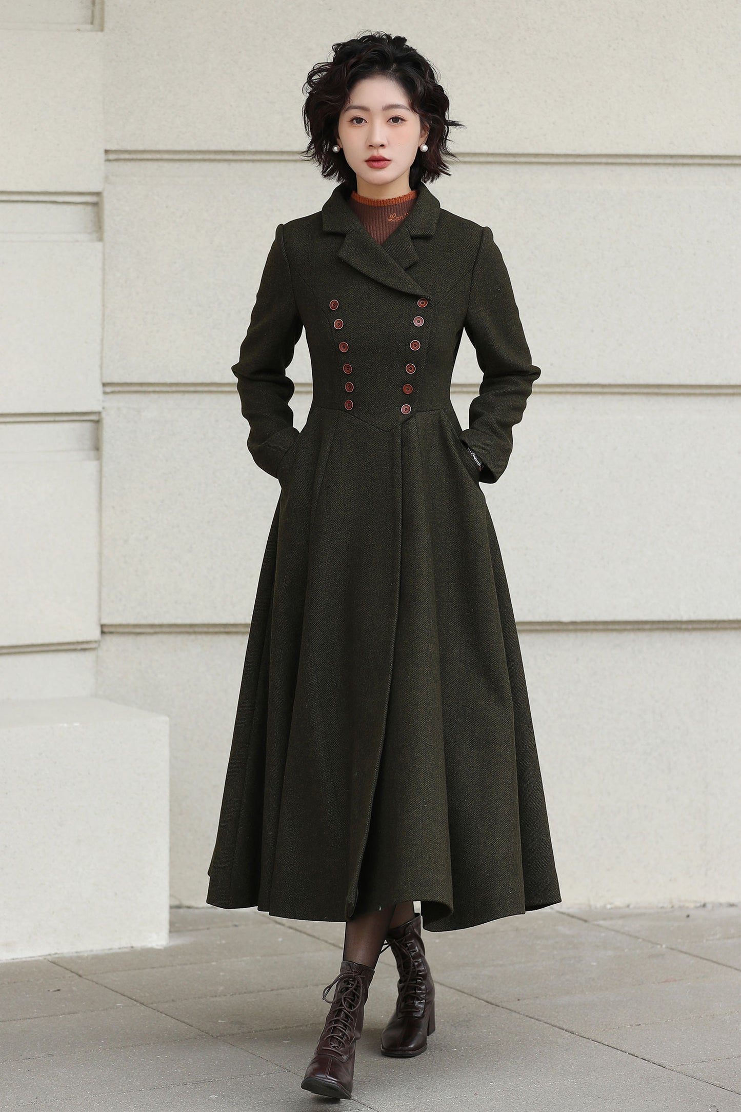 Xiaolizi Olive Green Handmade Wool Coat – Vintage A-Line Double Breasted Winter Coat 6611