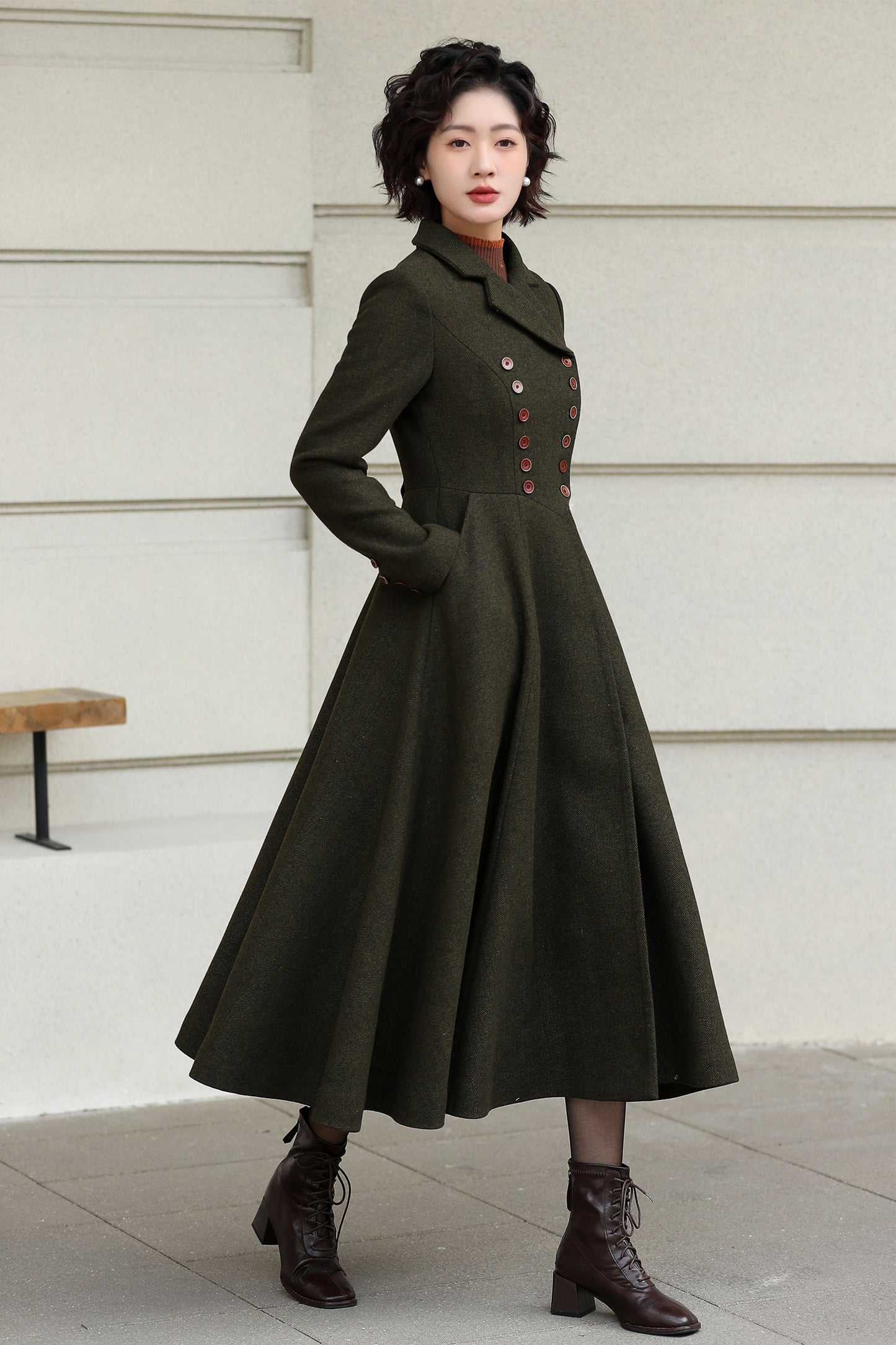 Xiaolizi Olive Green Handmade Wool Coat – Vintage A-Line Double Breasted Winter Coat 6611