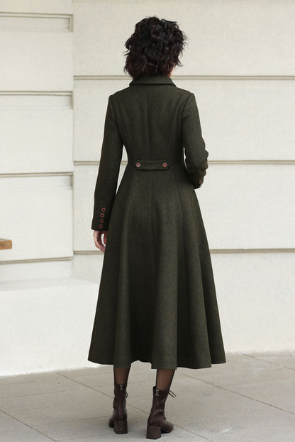 Xiaolizi Olive Green Handmade Wool Coat – Vintage A-Line Double Breasted Winter Coat 6611