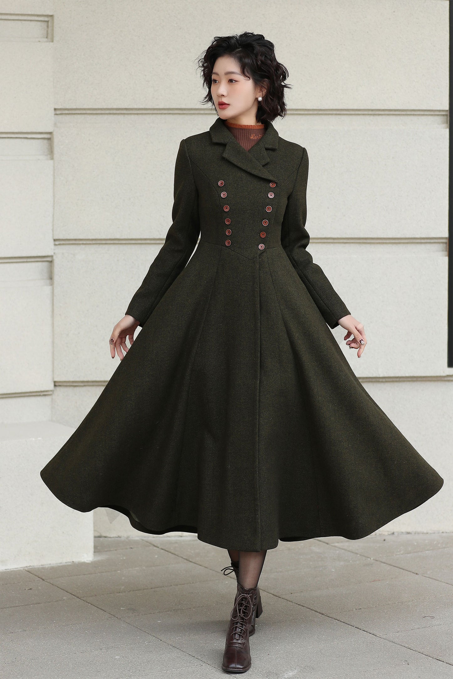 Xiaolizi Olive Green Handmade Wool Coat – Vintage A-Line Double Breasted Winter Coat 6611