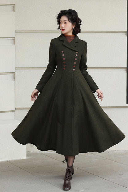 Xiaolizi Olive Green Handmade Wool Coat – Vintage A-Line Double Breasted Winter Coat 6611