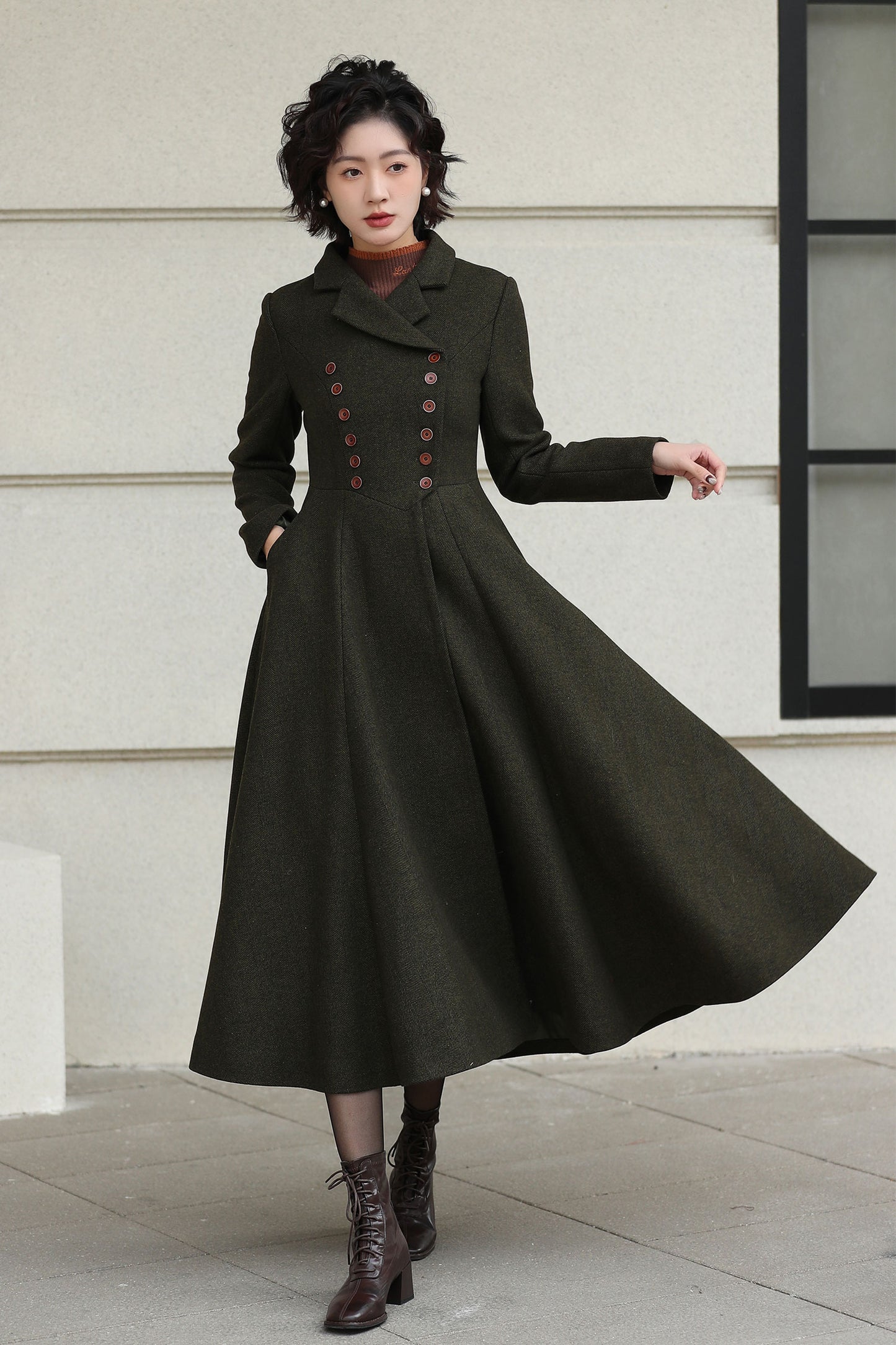 Xiaolizi Olive Green Handmade Wool Coat – Vintage A-Line Double Breasted Winter Coat 6611