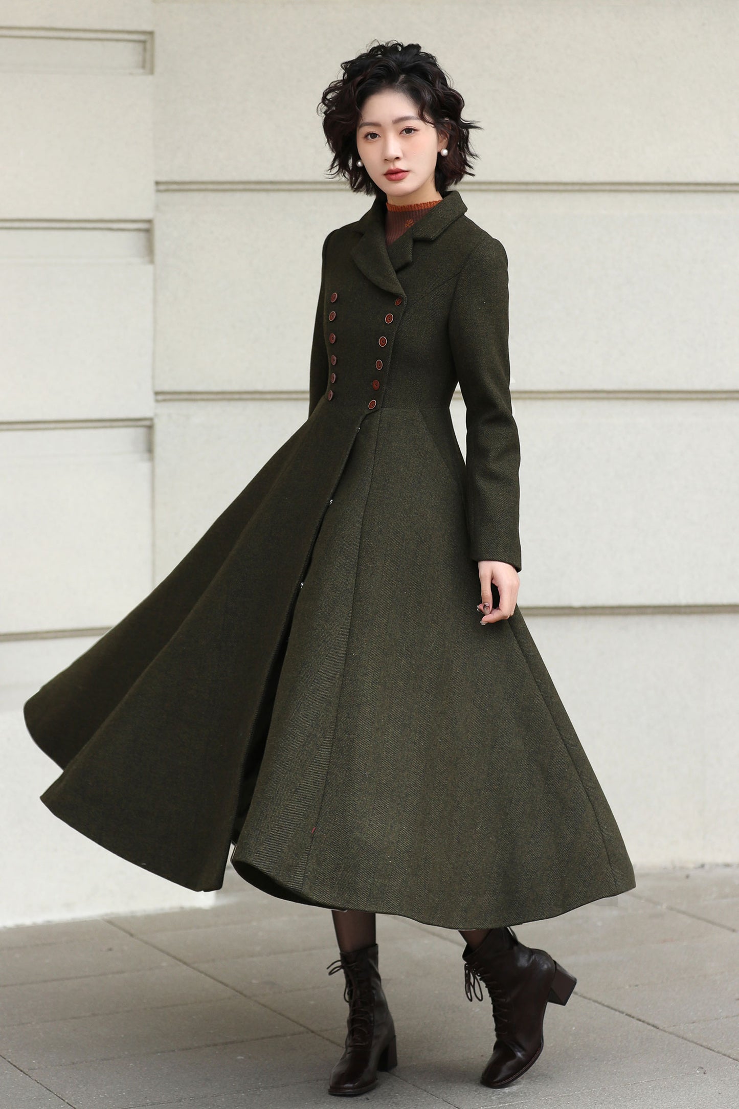 Xiaolizi Olive Green Handmade Wool Coat – Vintage A-Line Double Breasted Winter Coat 6611