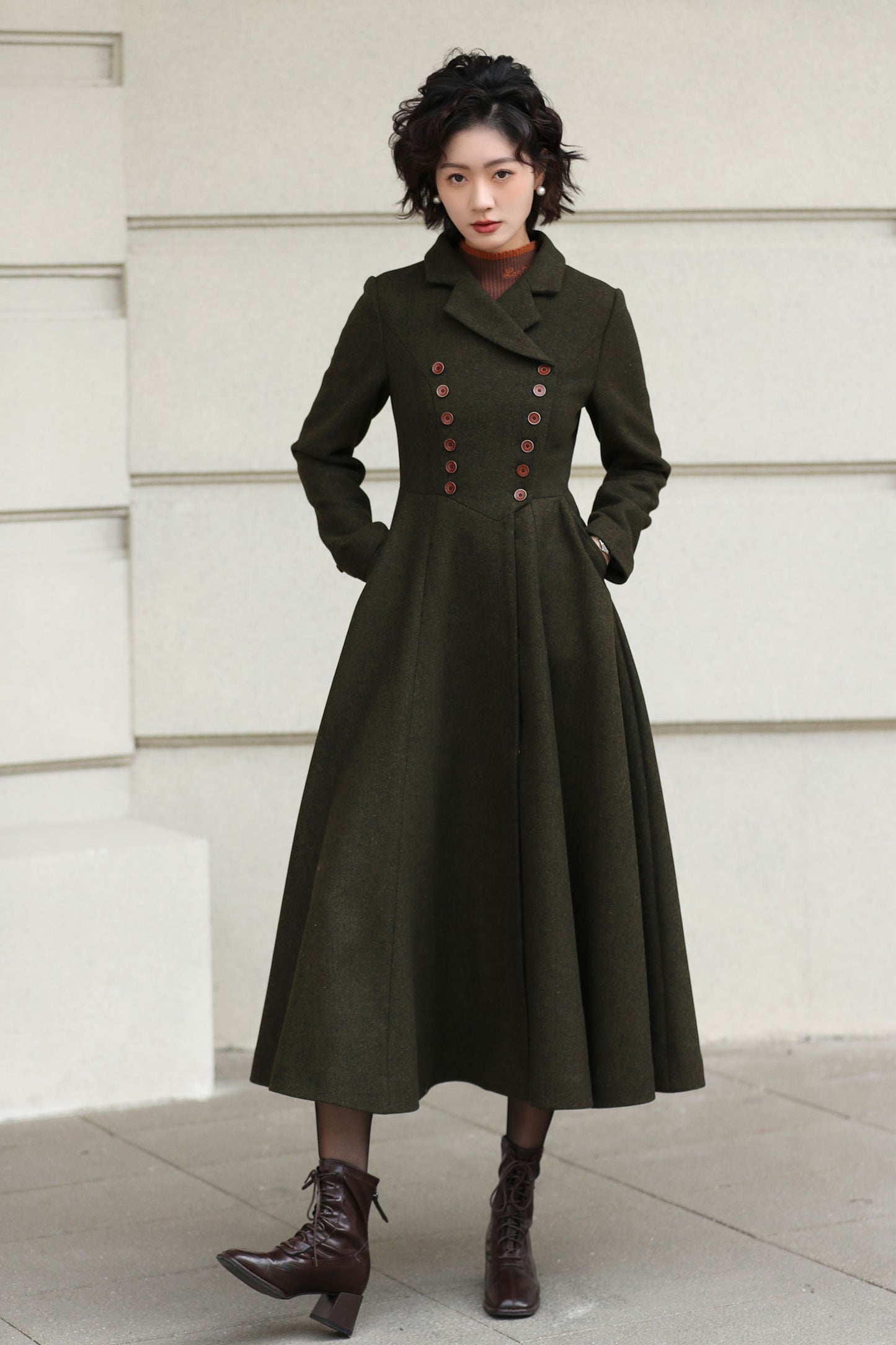 Xiaolizi Olive Green Handmade Wool Coat – Vintage A-Line Double Breasted Winter Coat 6611