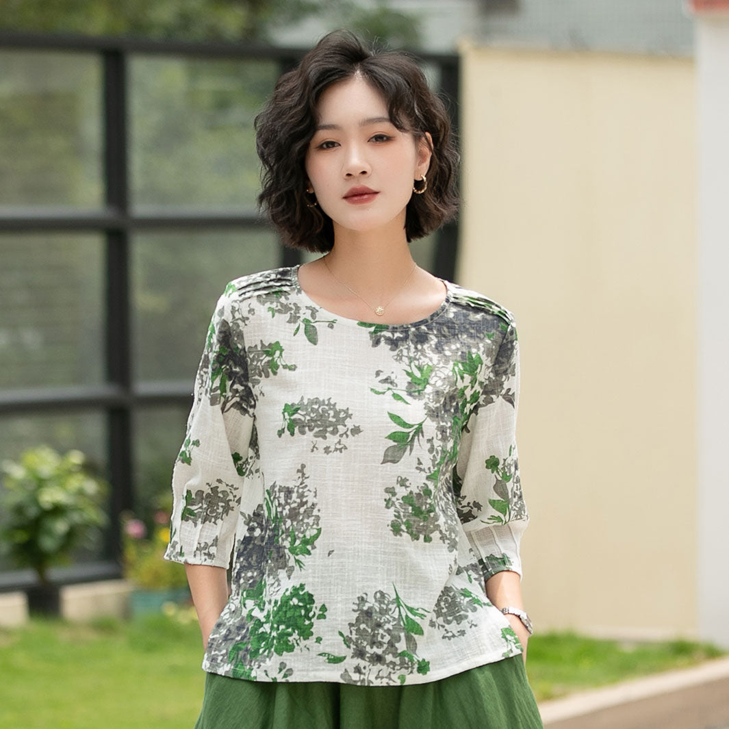 Feminine Floral Linen Top in Off-White – Relaxed Round Neck – 6055