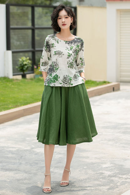 Green Linen Midi Skirt - High Waist A-Line Pockets | Xiaolizi 6056