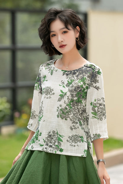 Off-White Linen Cotton Top - Relaxed Fit, Floral Print 6055