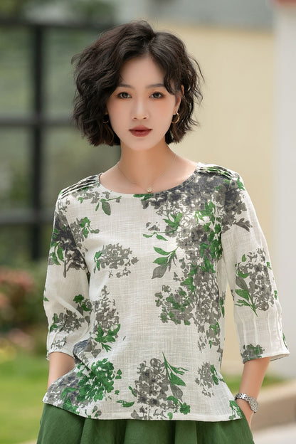 Feminine Floral Linen Top in Off-White – Relaxed Round Neck – 6055