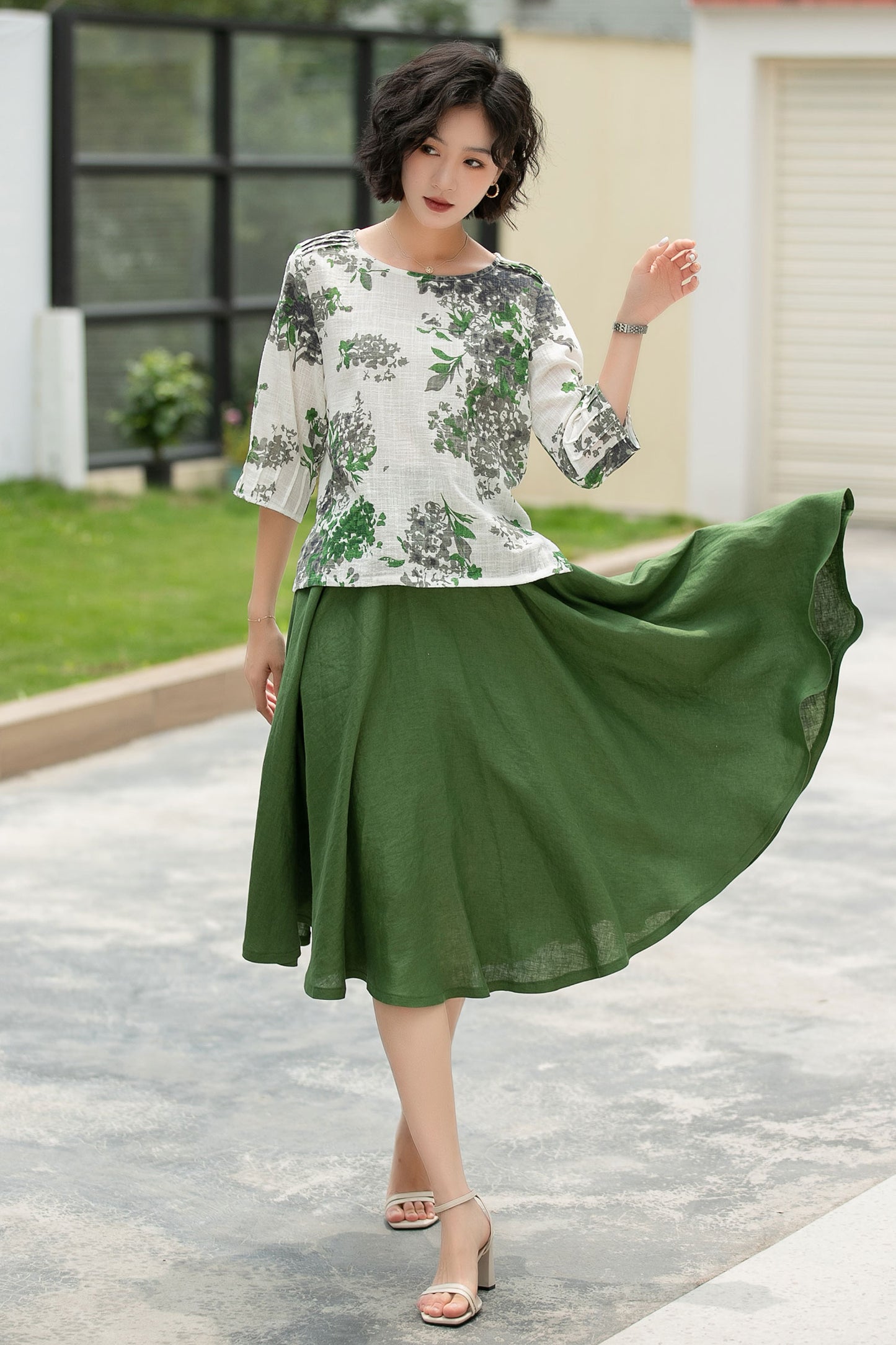 Green Linen Midi Skirt - High Waist A-Line Pockets | Xiaolizi 6056