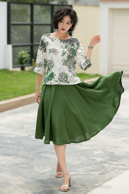 Green Linen Midi Skirt - High Waist A-Line Pockets | Xiaolizi 6056
