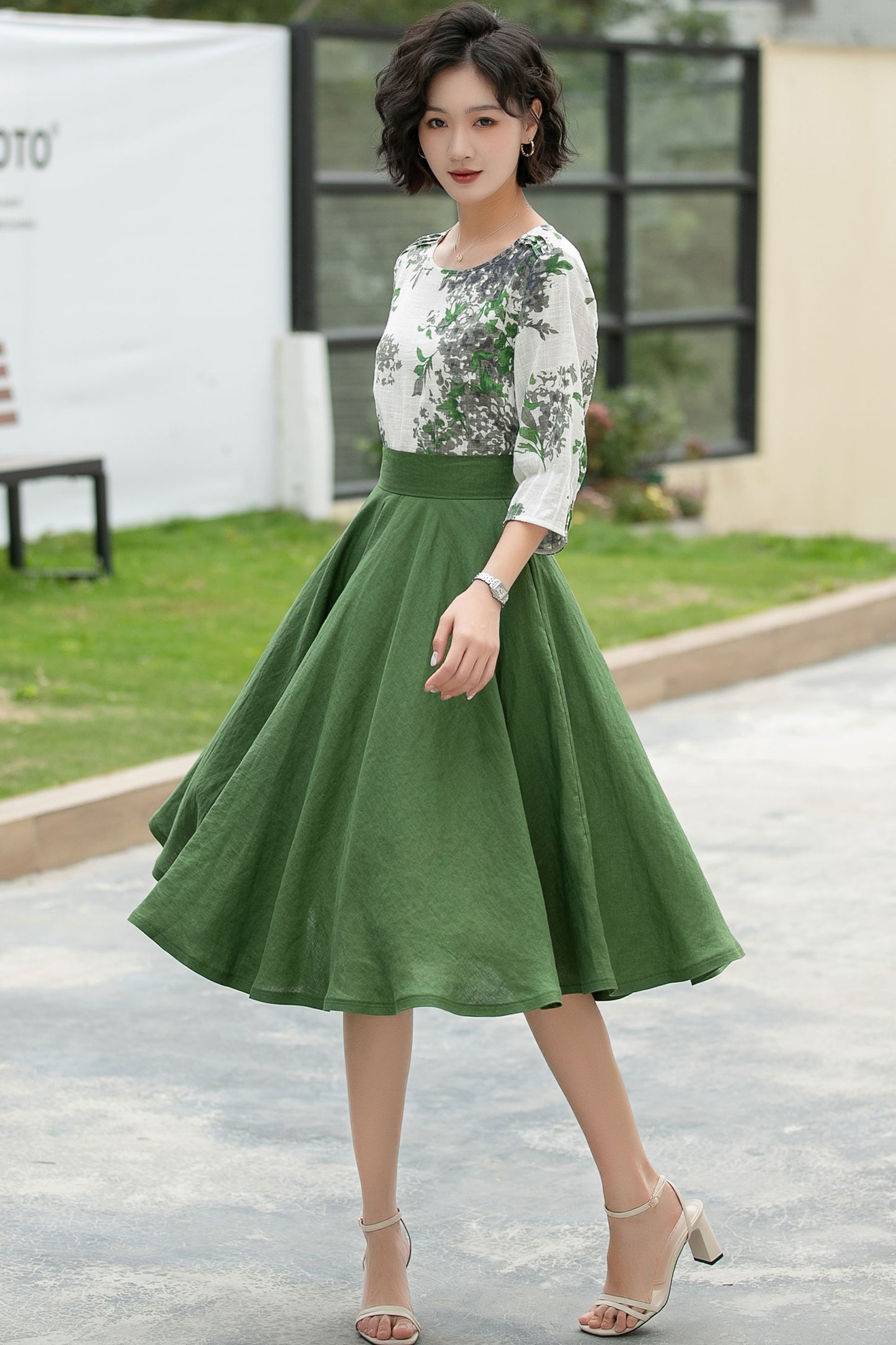 Green Linen Midi Skirt - High Waist A-Line Pockets | Xiaolizi 6056