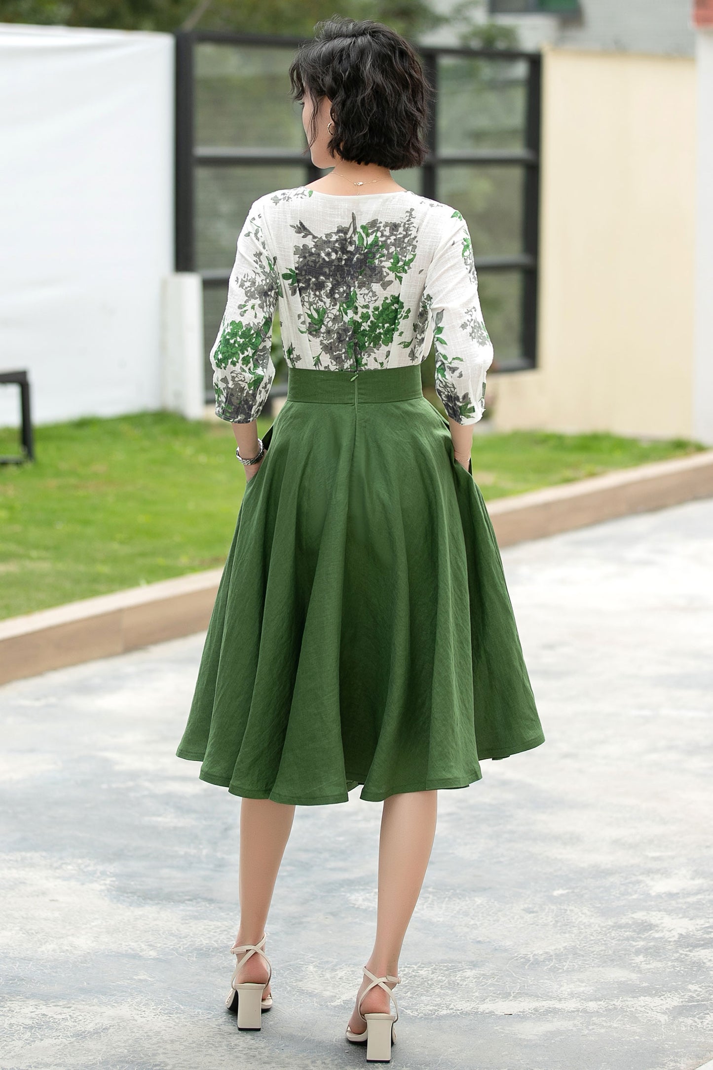 Green Linen Midi Skirt - High Waist A-Line Pockets | Xiaolizi 6056