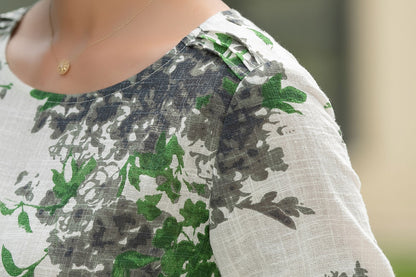 Off-White Linen Cotton Top - Relaxed Fit, Floral Print 6055