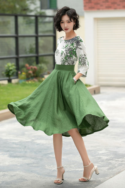 Green Linen Midi Skirt - High Waist A-Line Pockets | Xiaolizi 6056
