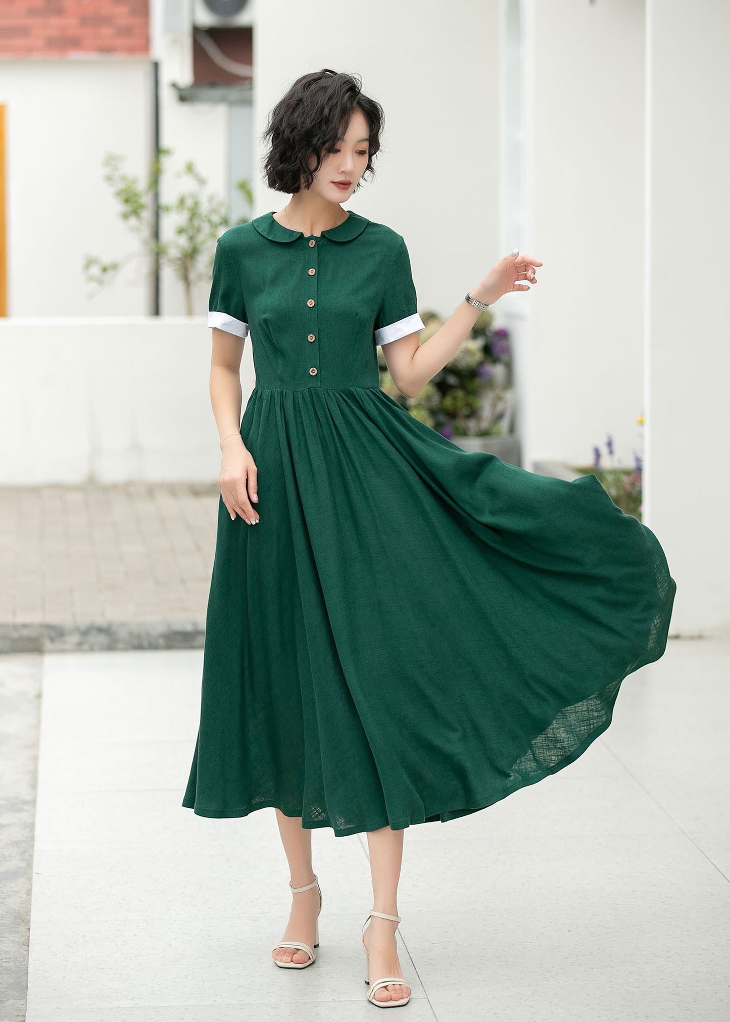 Green midi summer linen shirt dress 6048