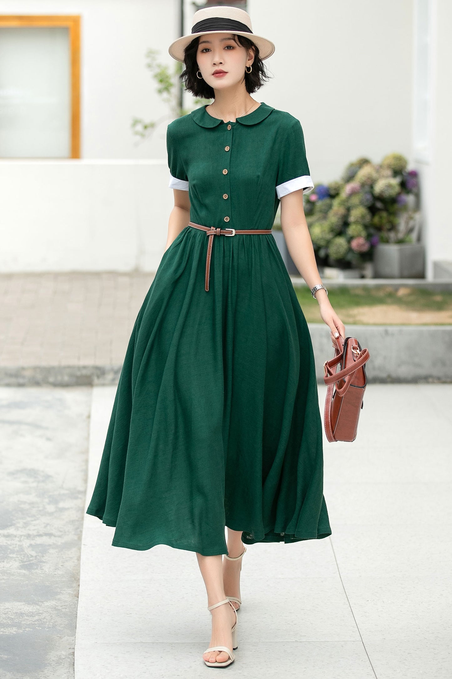 Green midi summer linen shirt dress 6048
