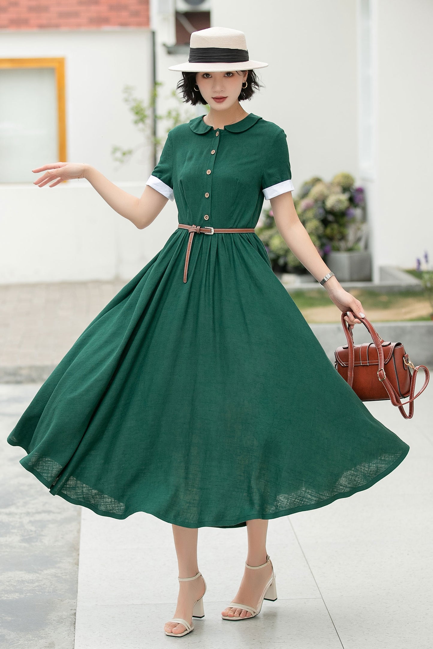Green midi summer linen shirt dress 6048