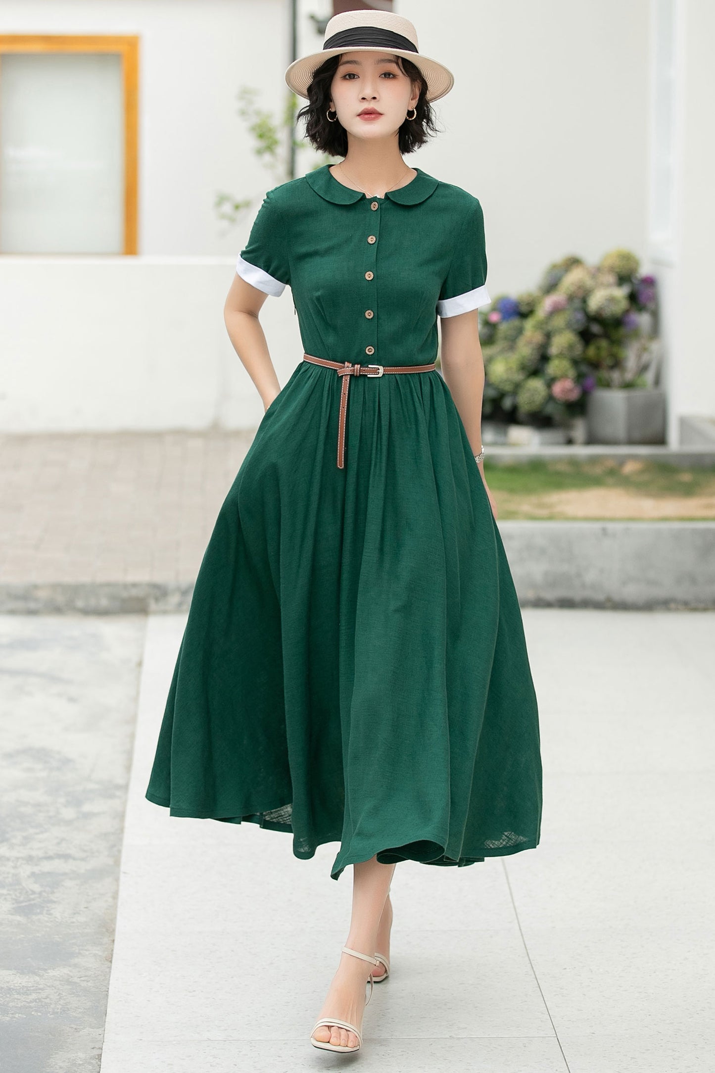 Green midi summer linen shirt dress 6048