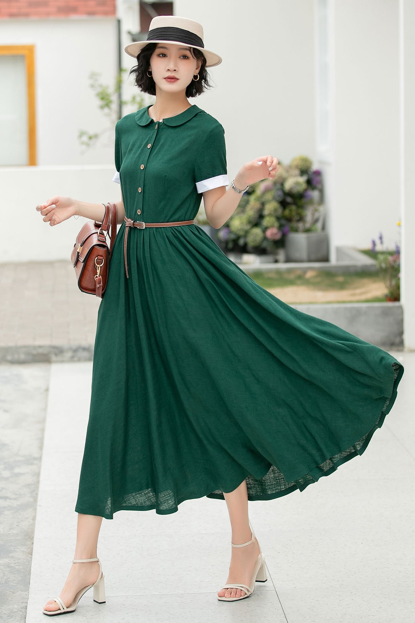 Green midi summer linen shirt dress 6048