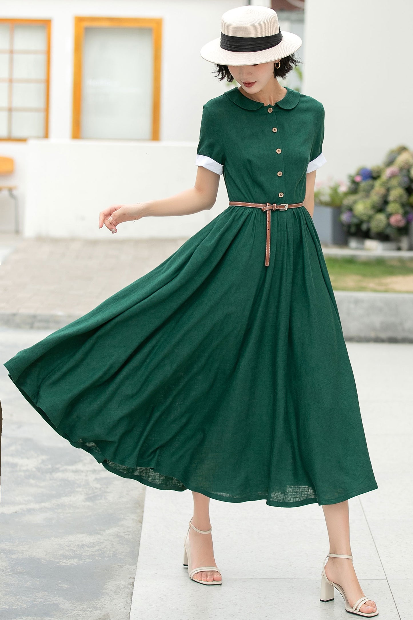 Green midi summer linen shirt dress 6048