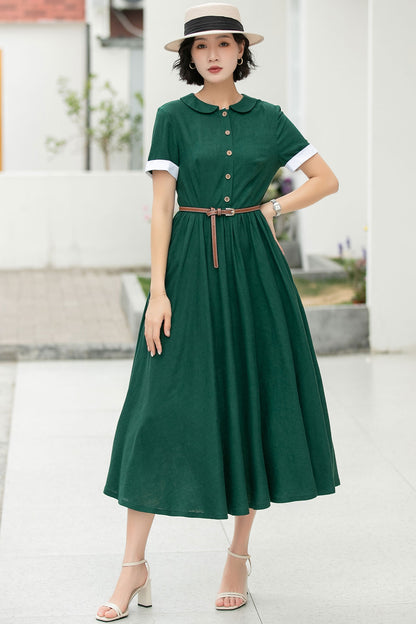 Linen Cotton Midi Shirt Dress - Peter Pan Collar Button | Xiaolizi 6048