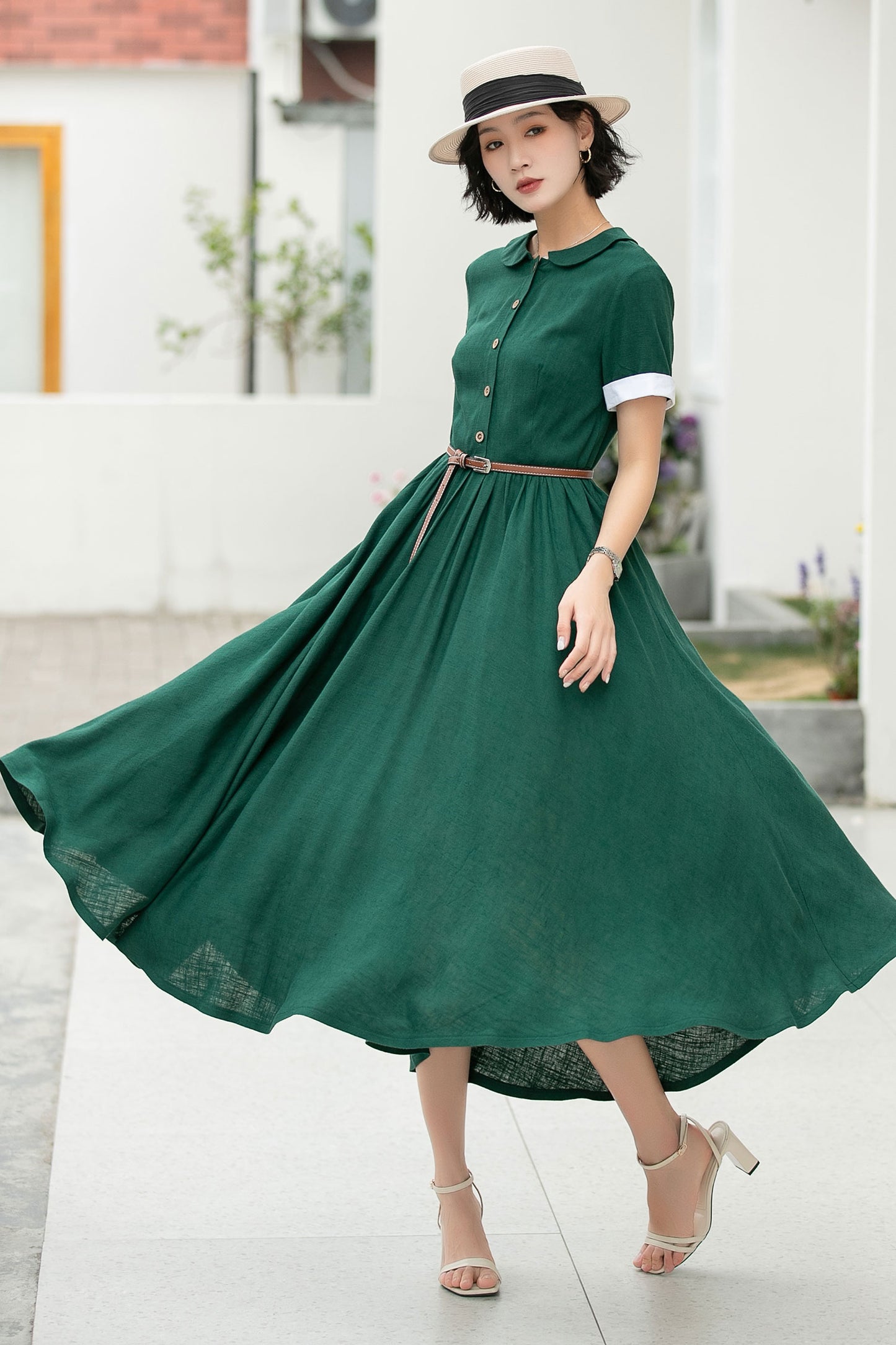 Green midi summer linen shirt dress 6048