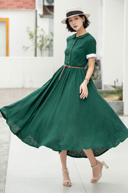 Linen Cotton Midi Shirt Dress - Peter Pan Collar Button | Xiaolizi 6048