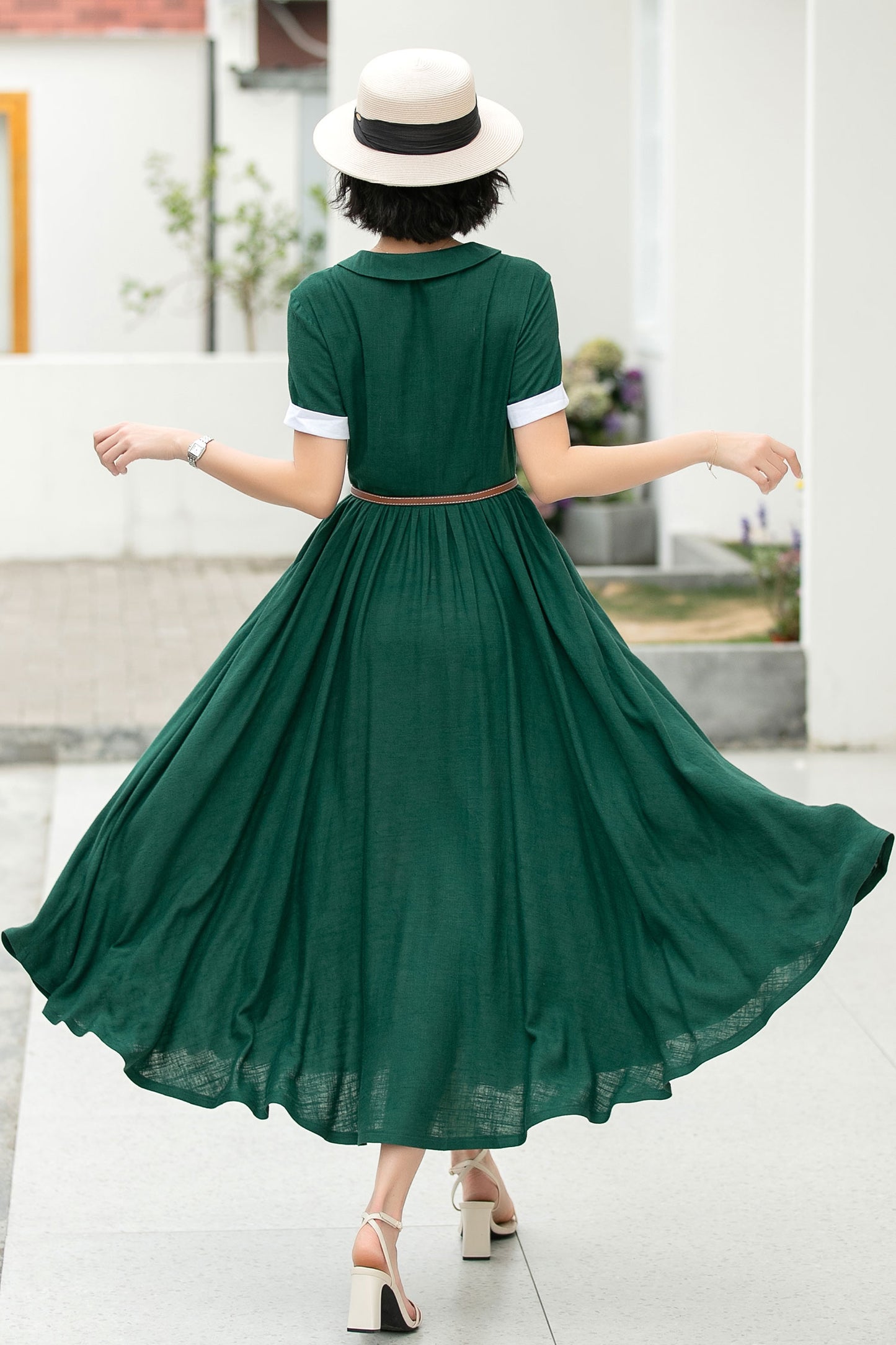 Green midi summer linen shirt dress 6048