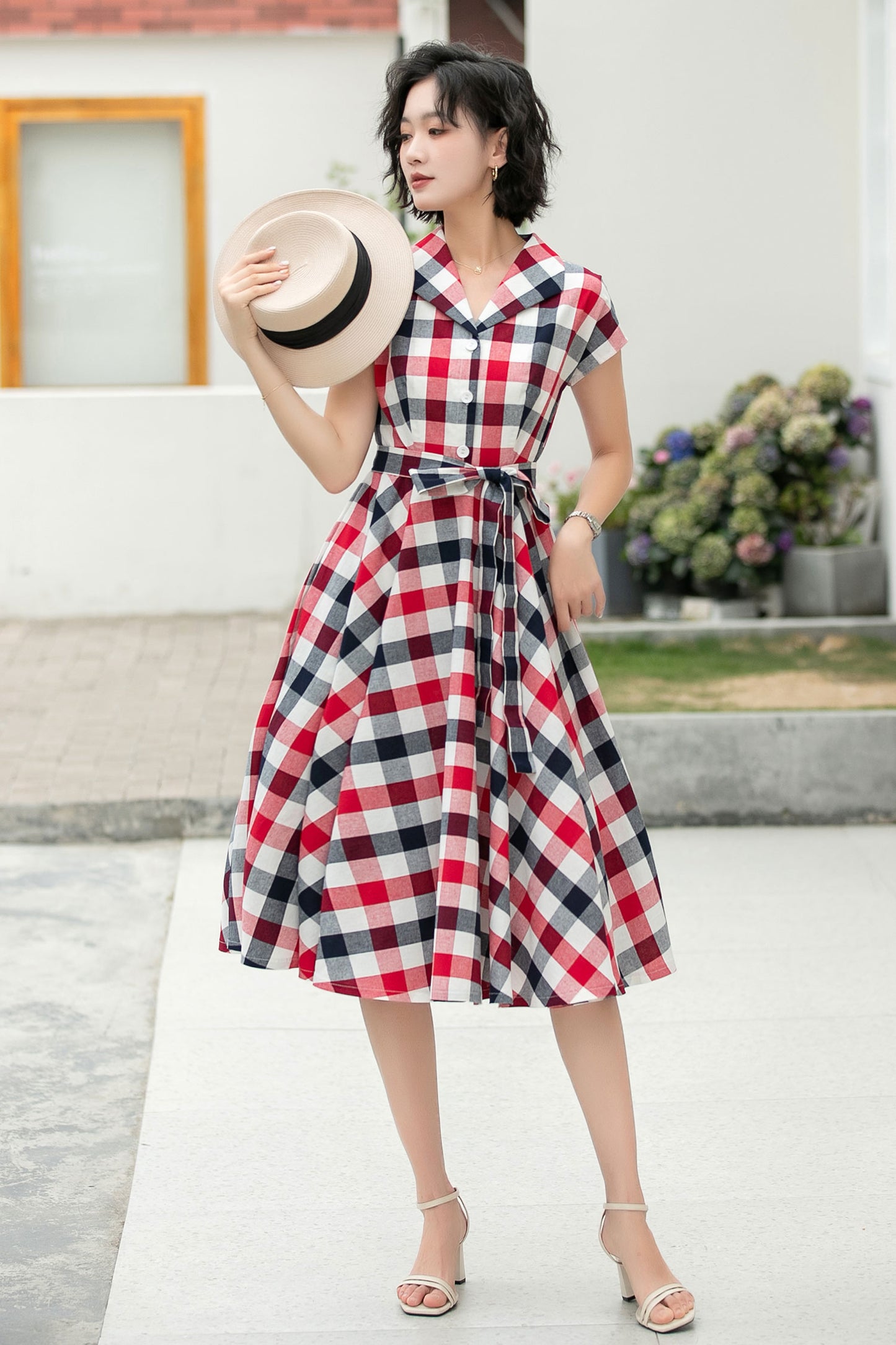 Plaid shirt linen Women Midi summer dress 6046