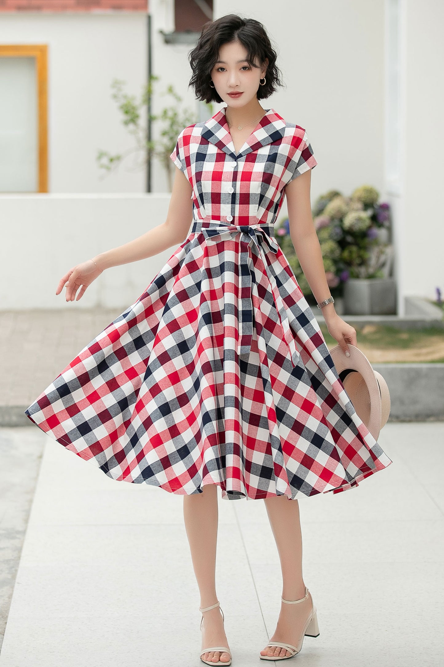 Plaid shirt linen Women Midi summer dress 6046