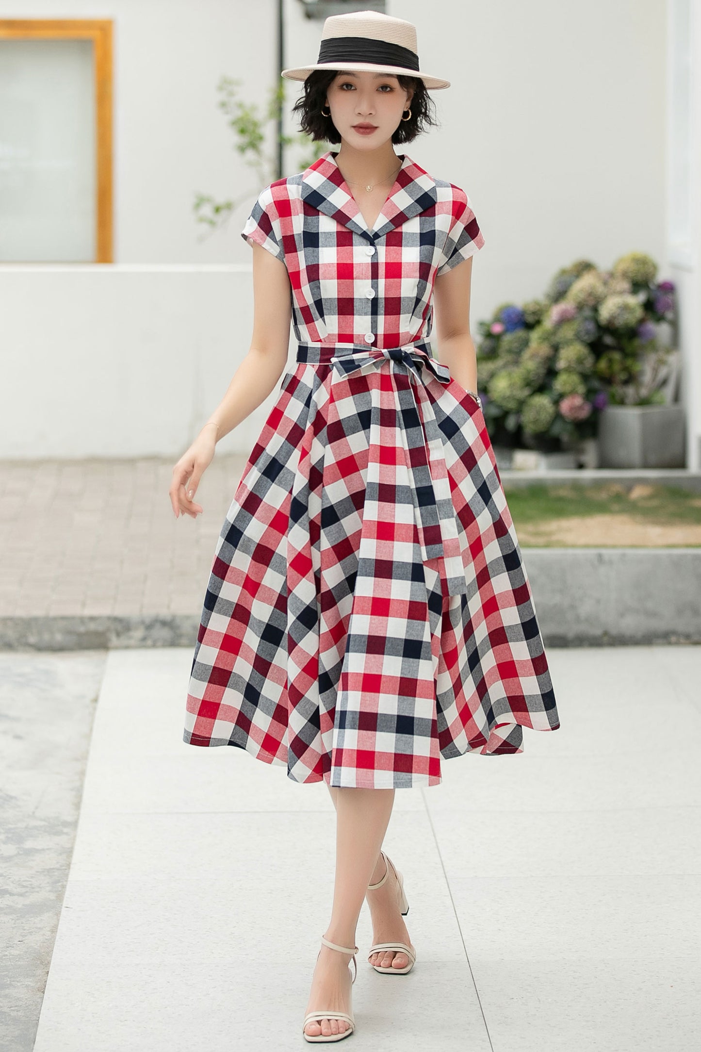 Plaid shirt linen Women Midi summer dress 6046