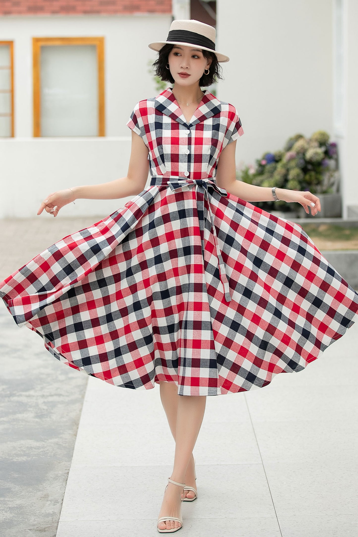 Plaid shirt linen Women Midi summer dress 6046