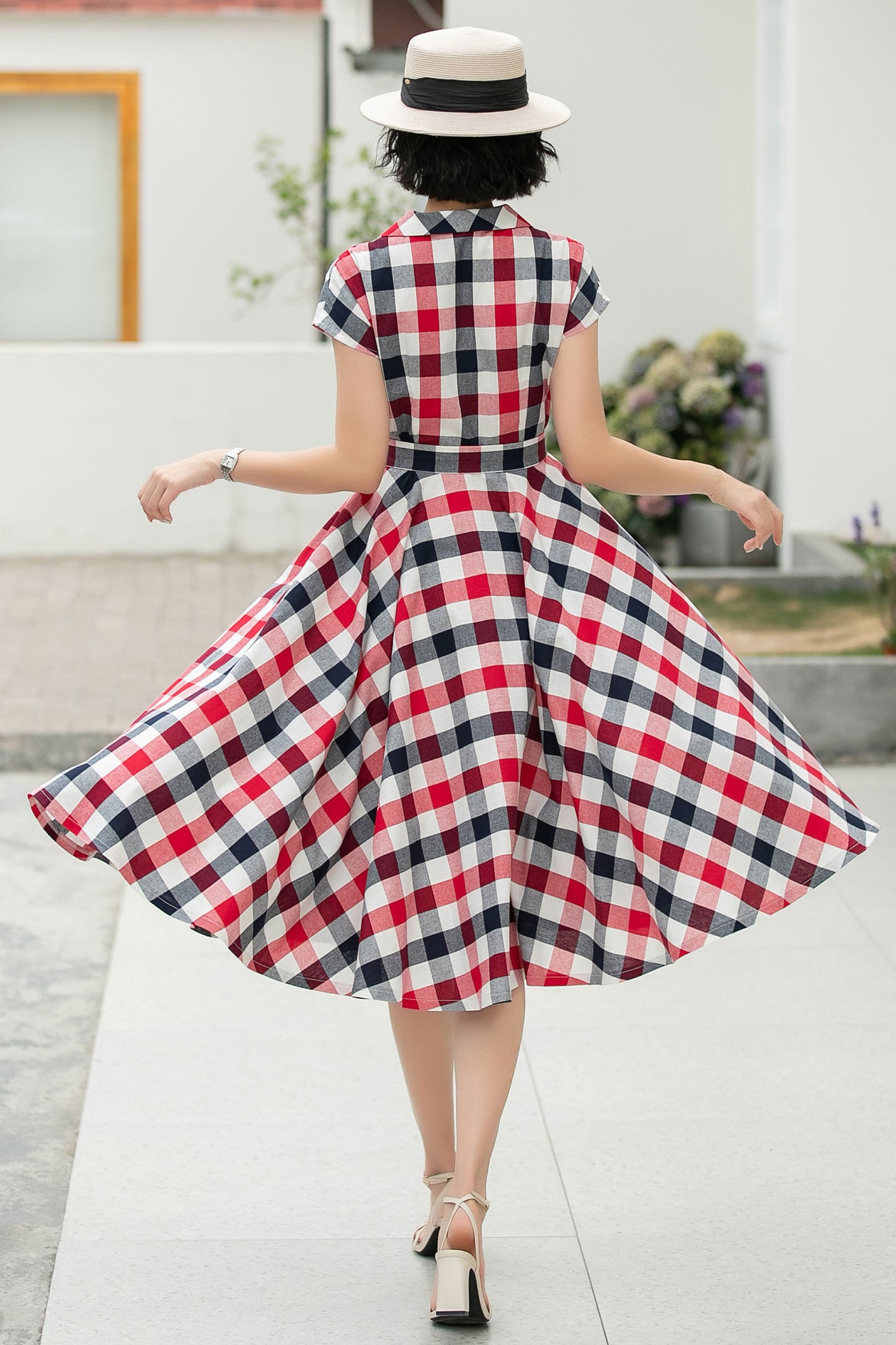 Plaid shirt linen Women Midi summer dress 6046