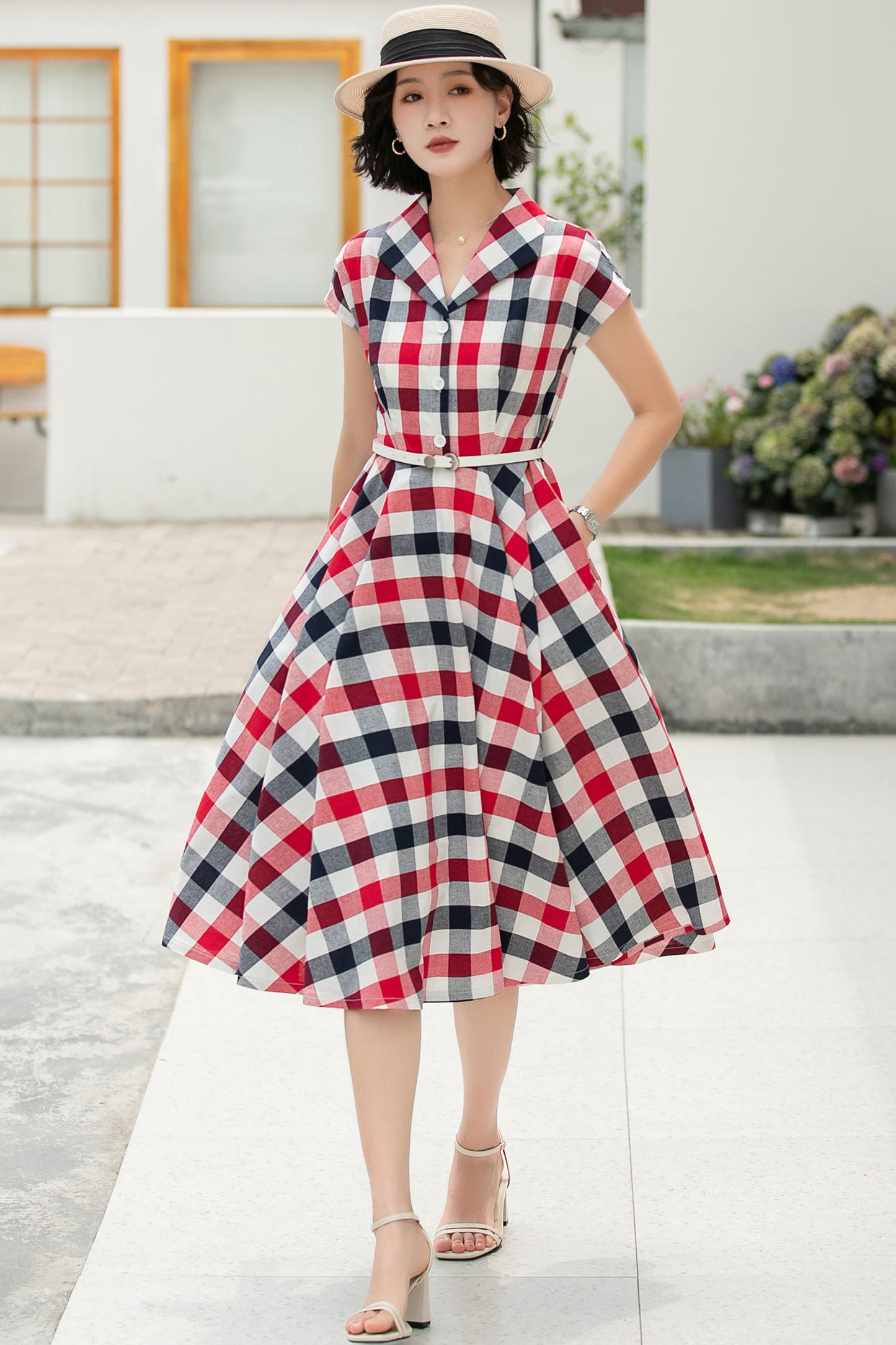 Plaid shirt linen Women Midi summer dress 6046