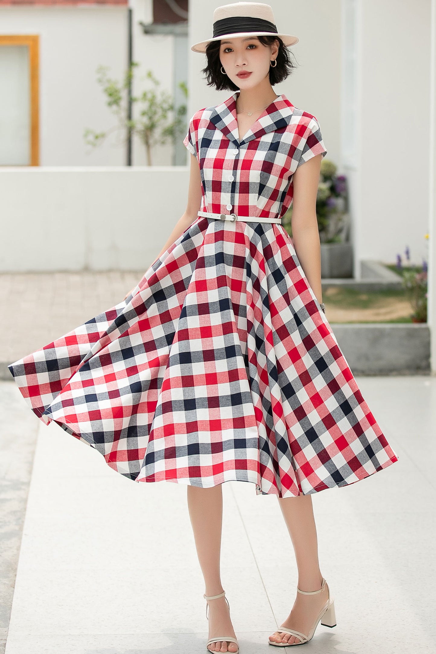 Plaid shirt linen Women Midi summer dress 6046