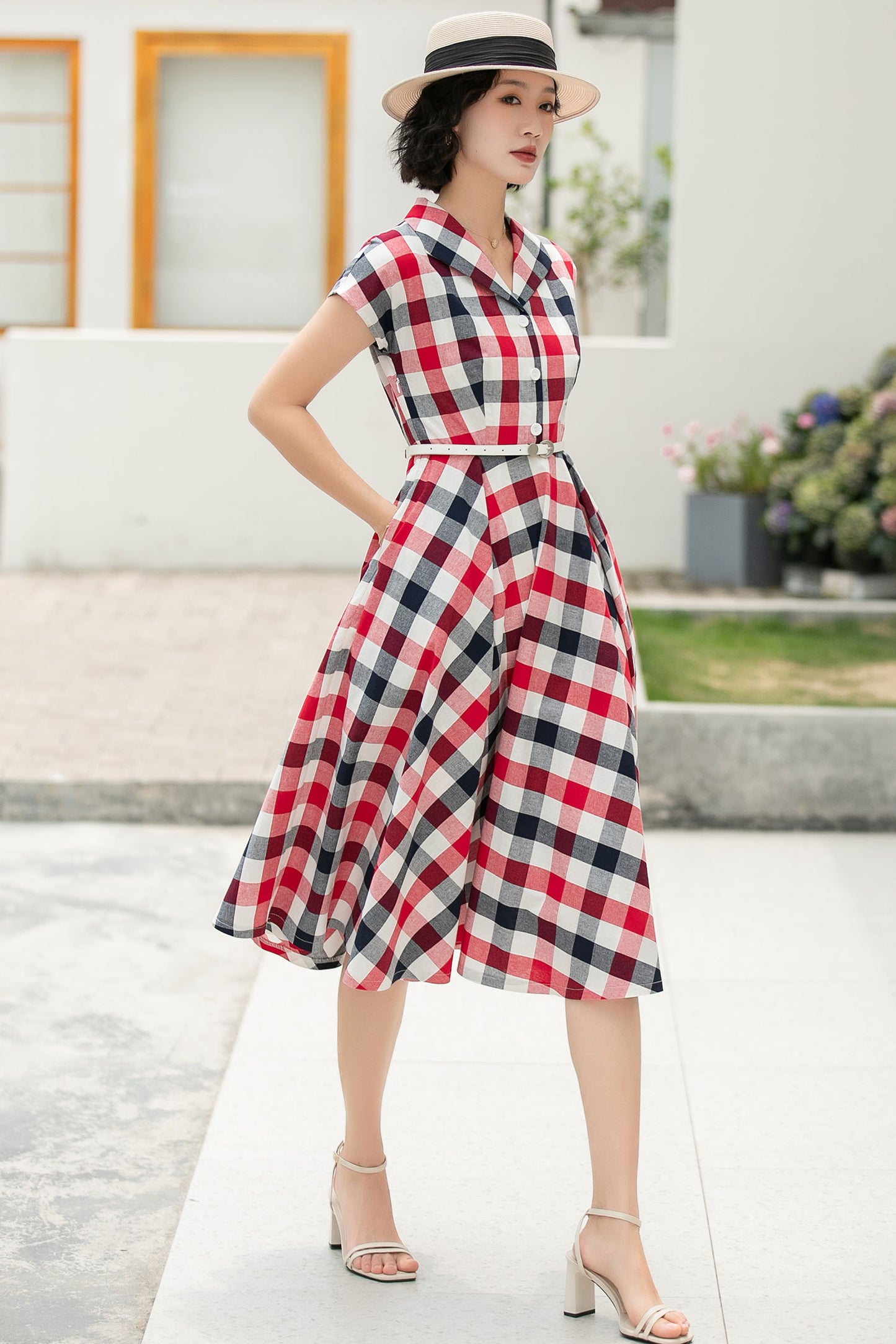 Plaid shirt linen Women Midi summer dress 6046
