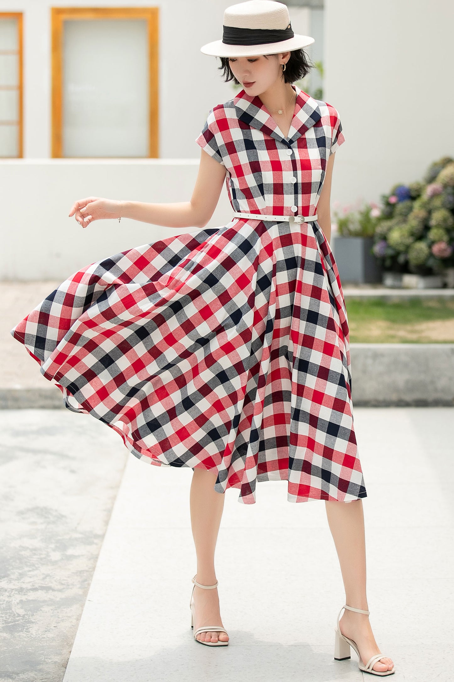 Plaid shirt linen Women Midi summer dress 6046