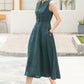 Feminine Teal Linen Midi Dress – A-Line Pockets & V-Notch Neckline – 6054 - S #CK2500492