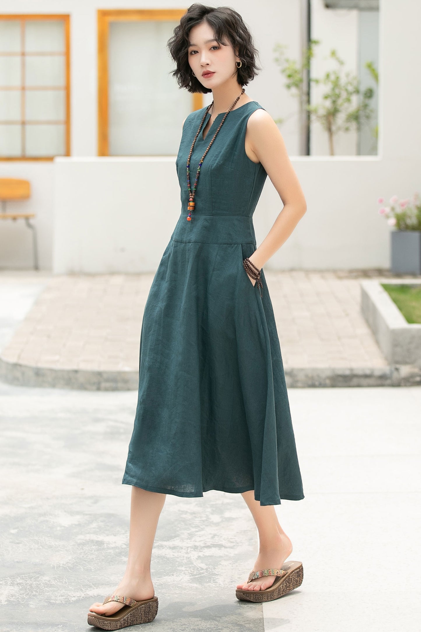 Feminine Teal Linen Midi Dress – A-Line Pockets & V-Notch Neckline – 6054 - S #CK2500492