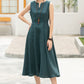 Feminine Teal Linen Midi Dress – A-Line Pockets & V-Notch Neckline – 6054 - S #CK2500492