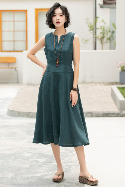 Teal Linen Midi Dress - A-Line Silhouette with V-Notch Neckline 6054