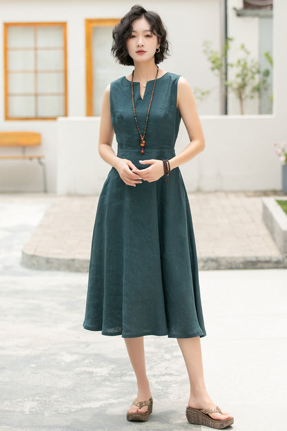 Teal Linen Midi Dress - A-Line Silhouette with V-Notch Neckline 6054