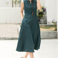Feminine Teal Linen Midi Dress – A-Line Pockets & V-Notch Neckline – 6054 - S #CK2500492